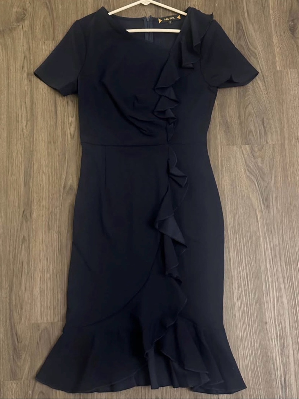 Never Worn Elegant Ruffle-Trim Navy Dress